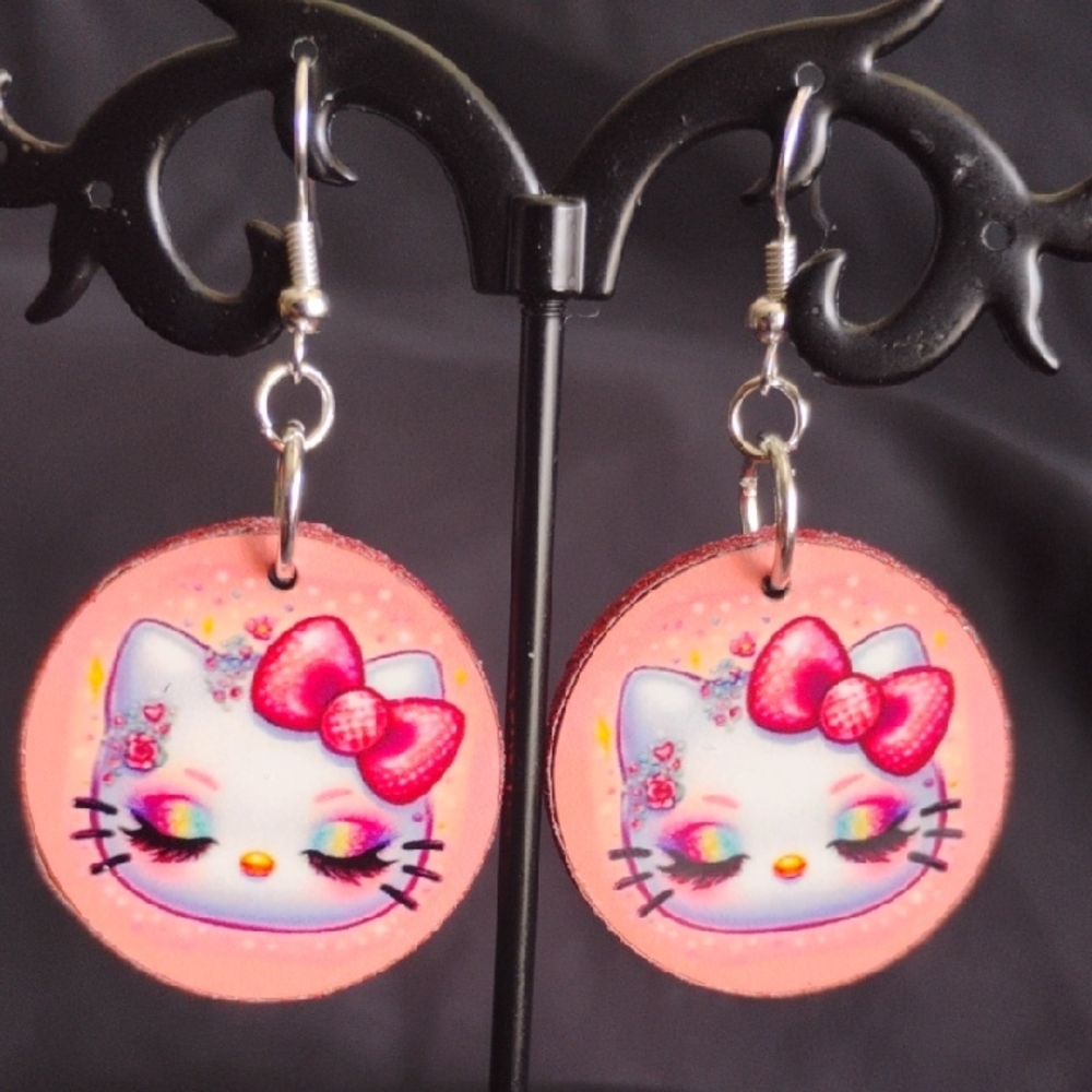 Hand Crafted Hello Kitty Silver Fishhooks Earrings